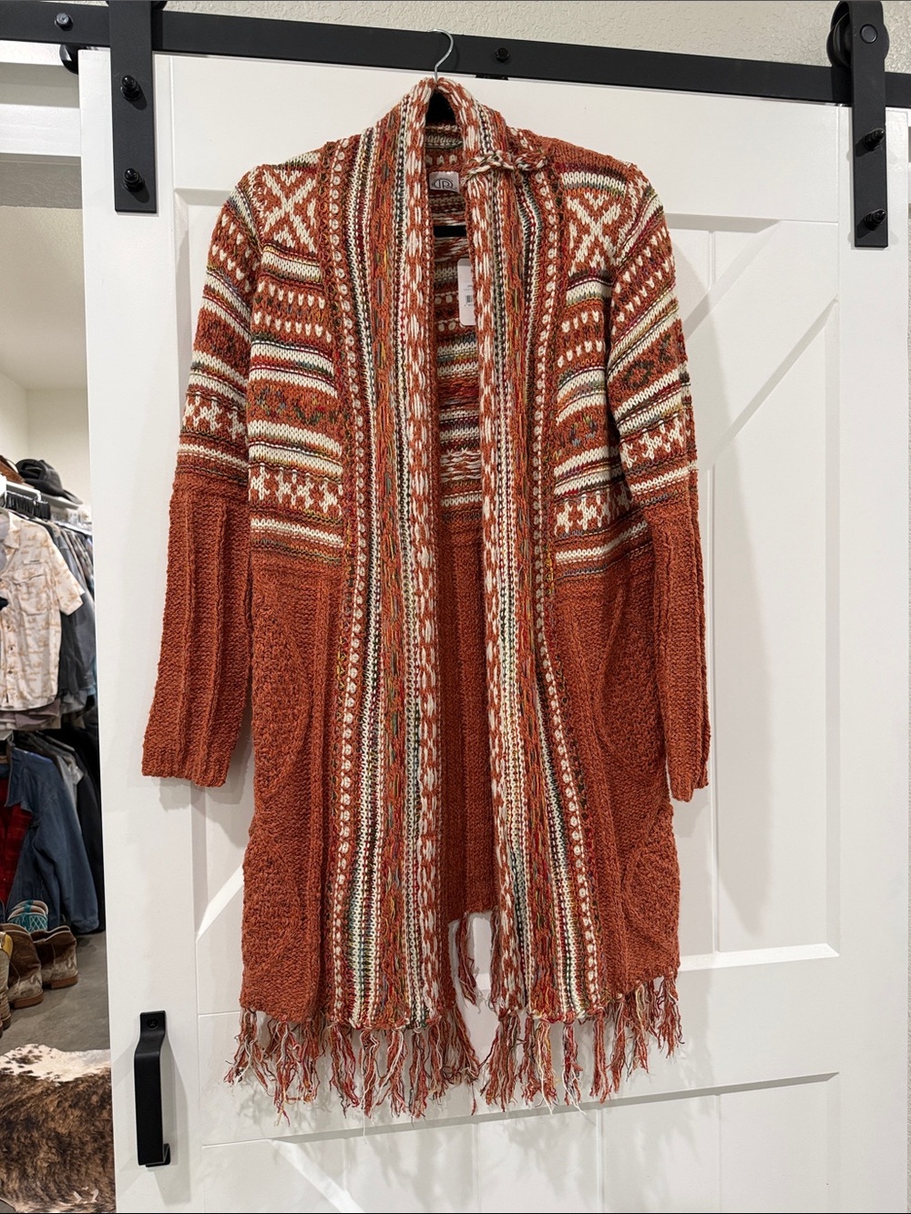 Tribal striped Open-Front Fringe Cardigan Sweater